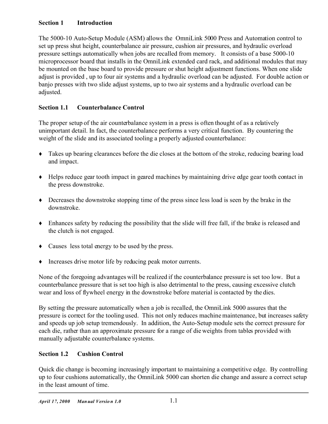 SMC Networks 5000 manual Section Introduction, Counterbalance Control, Cushion Control 