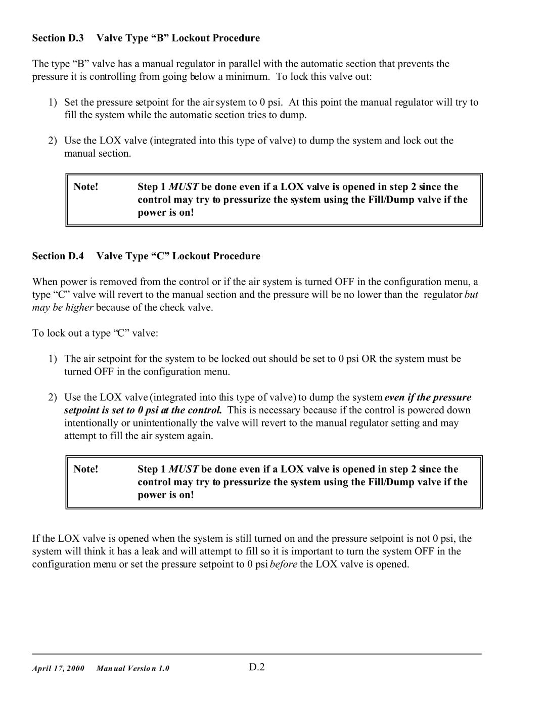 SMC Networks 5000 manual Section D.3 Valve Type B Lockout Procedure, Section D.4 Valve Type C Lockout Procedure 