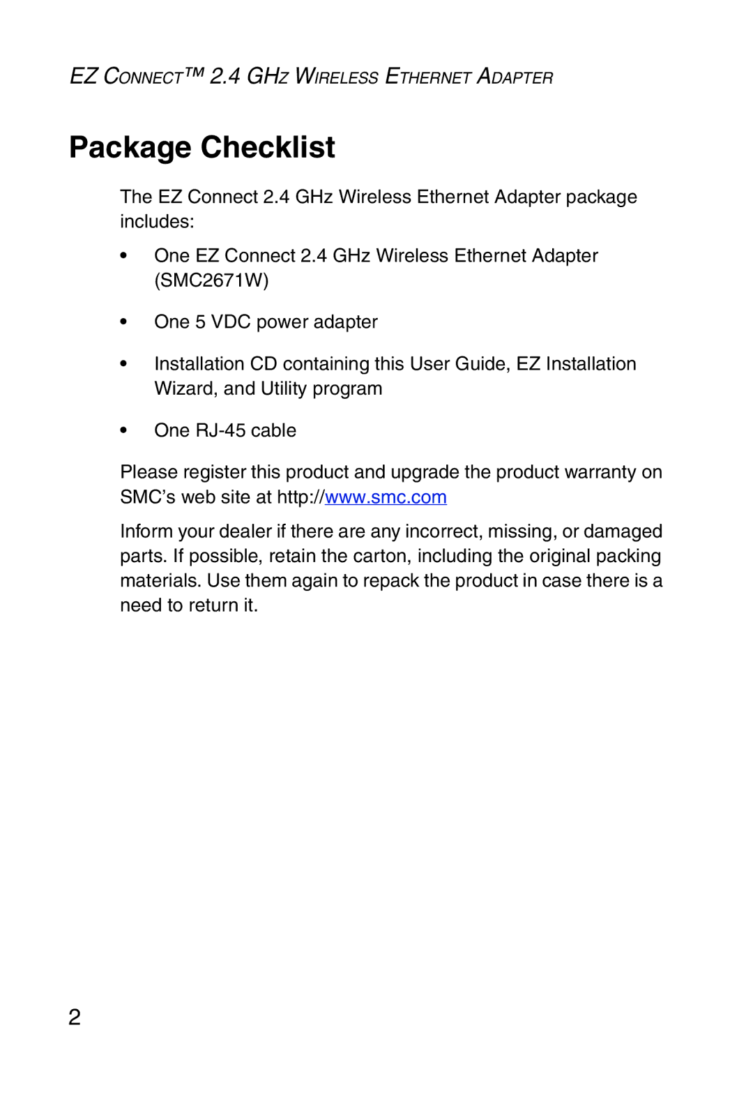 SMC Networks 5MC2671W manual Package Checklist 