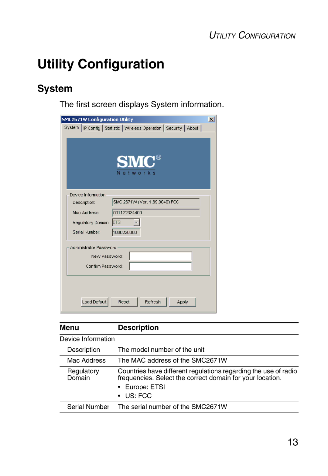 SMC Networks 5MC2671W manual Utility Configuration, System 