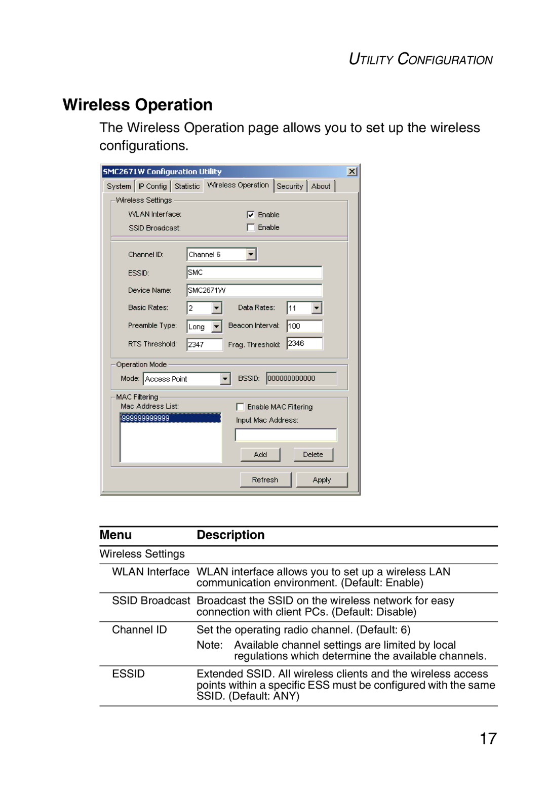 SMC Networks 5MC2671W manual Wireless Operation, Essid 