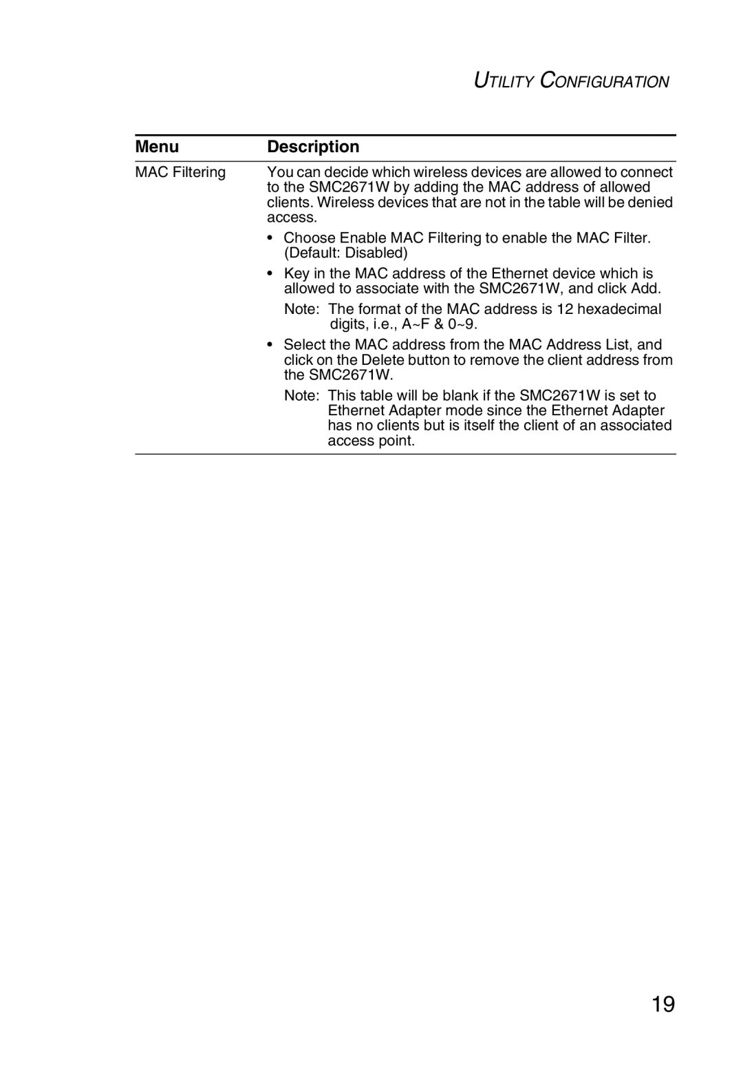 SMC Networks 5MC2671W manual Menu Description 