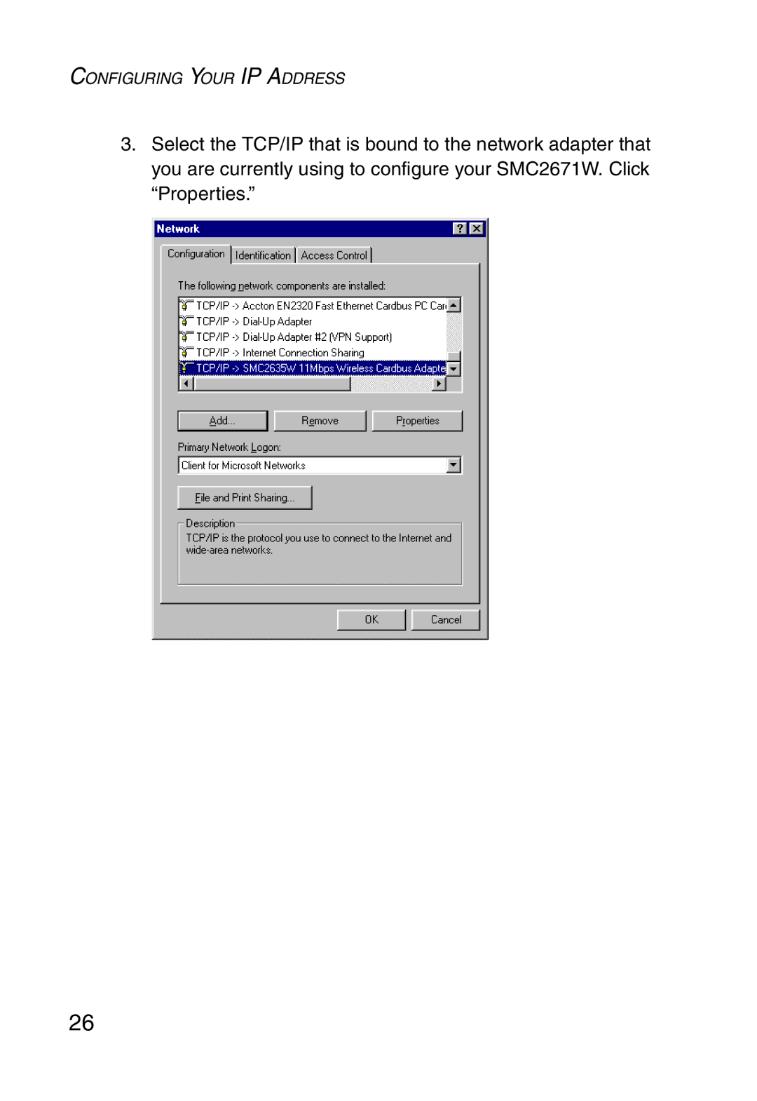 SMC Networks 5MC2671W manual Configuring Your IP Address 