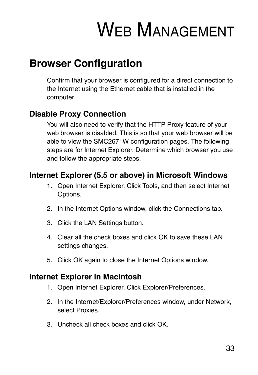 SMC Networks 5MC2671W WEB Management, Browser Configuration, Disable Proxy Connection, Internet Explorer in Macintosh 