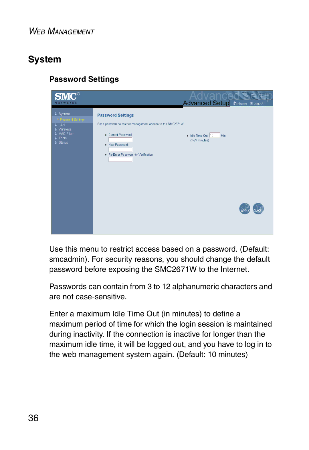 SMC Networks 5MC2671W manual System, Password Settings 