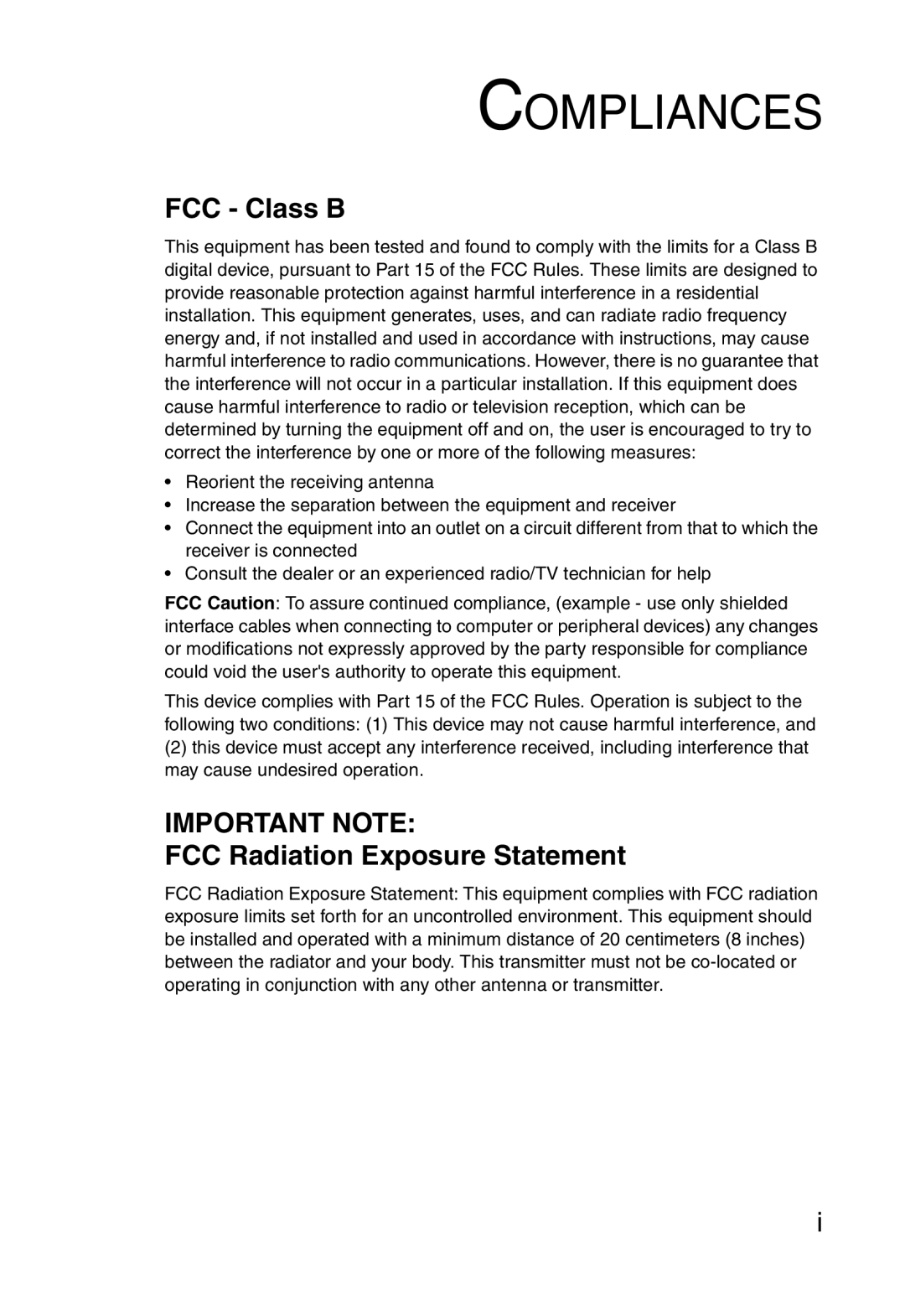 SMC Networks 5MC2671W manual Compliances, FCC Class B, FCC Radiation Exposure Statement 