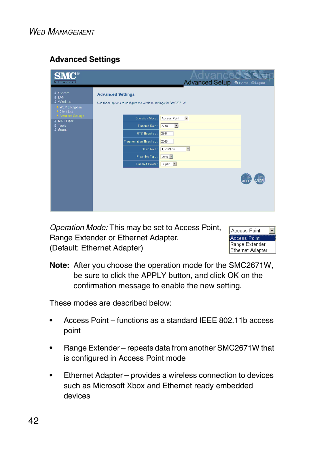 SMC Networks 5MC2671W manual Advanced Settings 