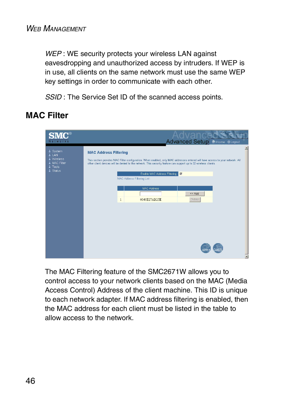 SMC Networks 5MC2671W manual MAC Filter 