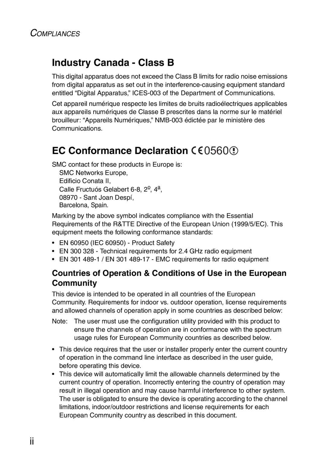 SMC Networks 5MC2671W manual Industry Canada Class B, EC Conformance Declaration 