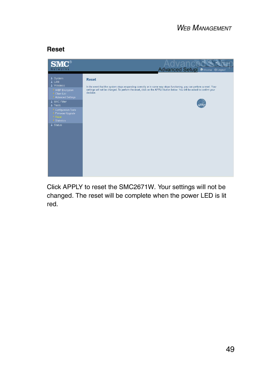 SMC Networks 5MC2671W manual Reset 