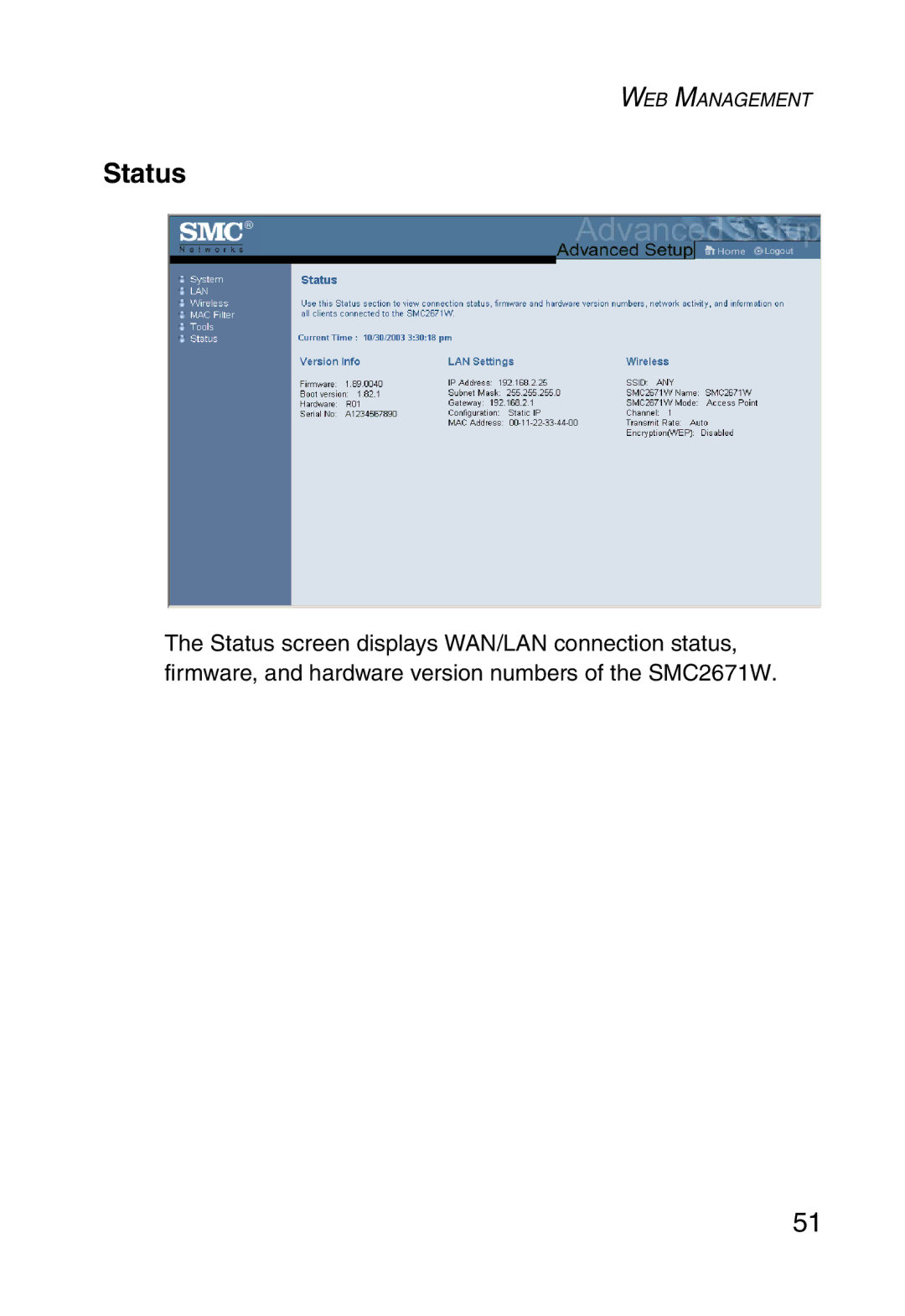 SMC Networks 5MC2671W manual Status 