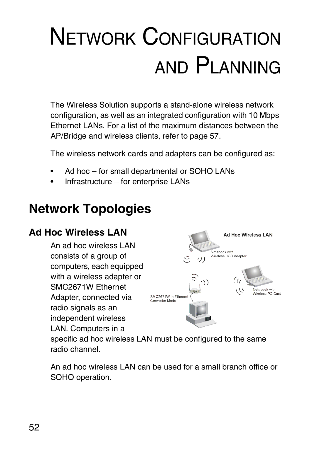 SMC Networks 5MC2671W manual Network Topologies, Ad Hoc Wireless LAN 