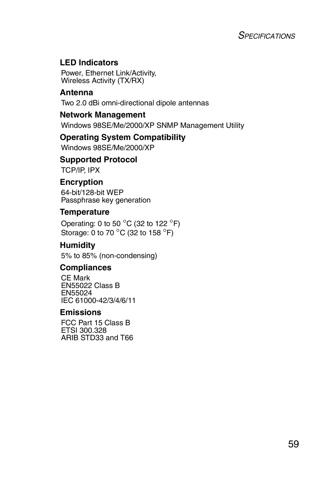 SMC Networks 5MC2671W LED Indicators, Antenna, Network Management, Operating System Compatibility, Supported Protocol 