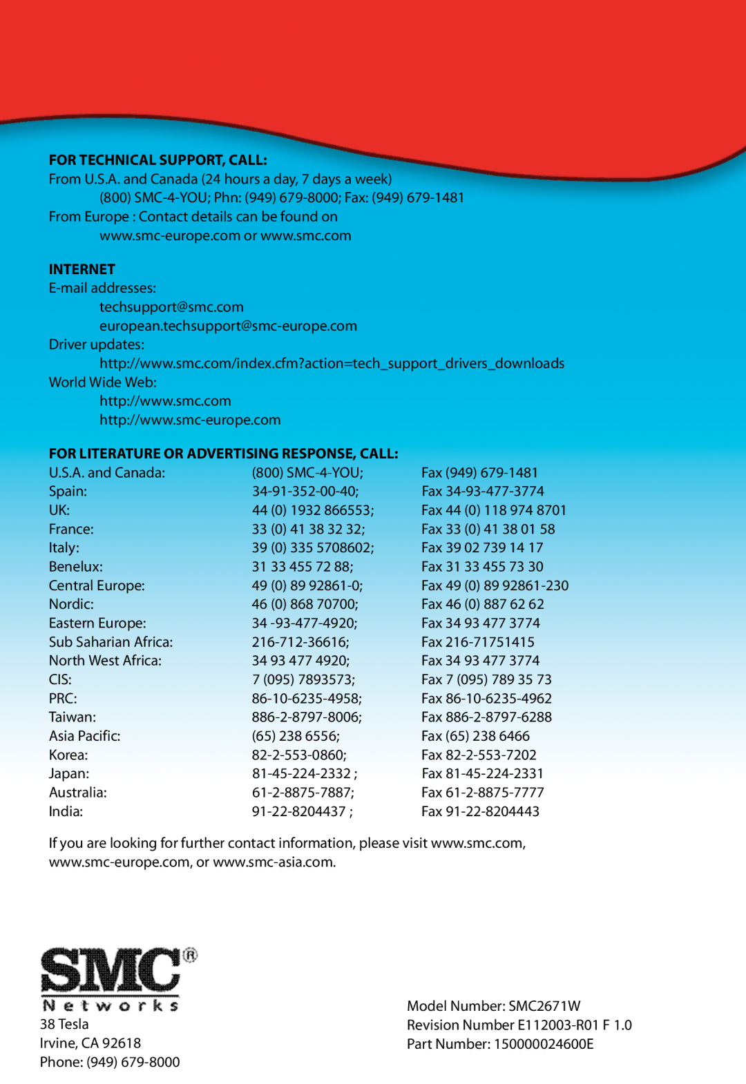 SMC Networks 5MC2671W manual For Technical SUPPORT, Call 