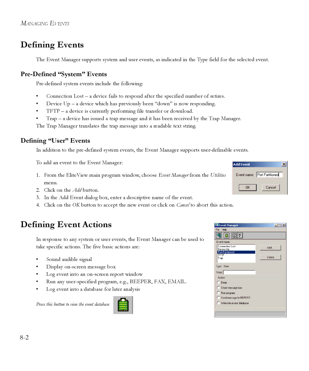 SMC Networks 6.20 manual Defining Events, Defining Event Actions, Pre-Defined System Events, Defining User Events 