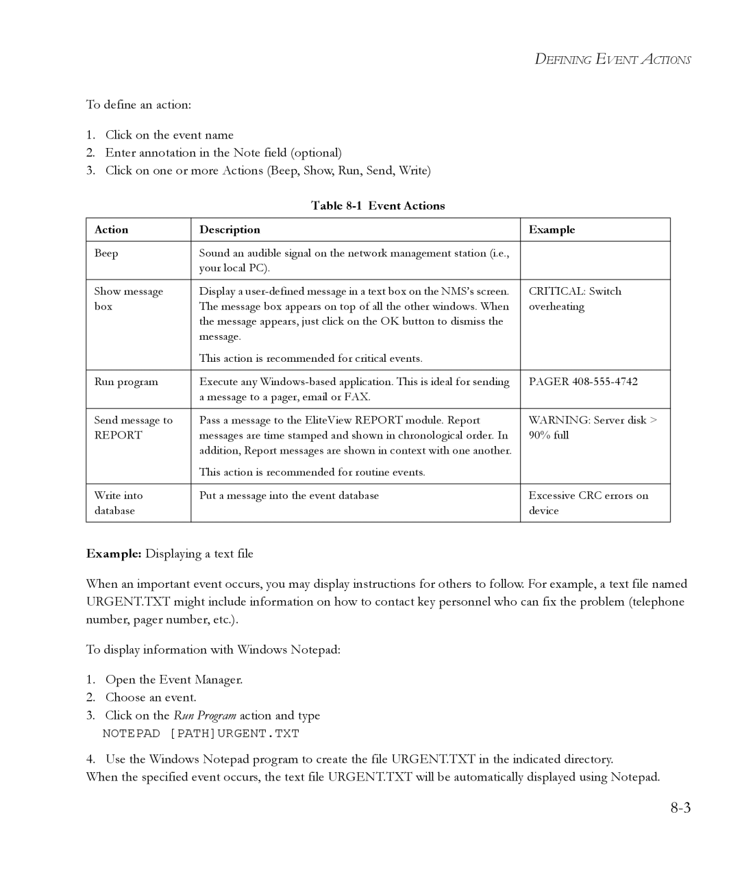 SMC Networks 6.20 manual Event Actions, Action Description Example 