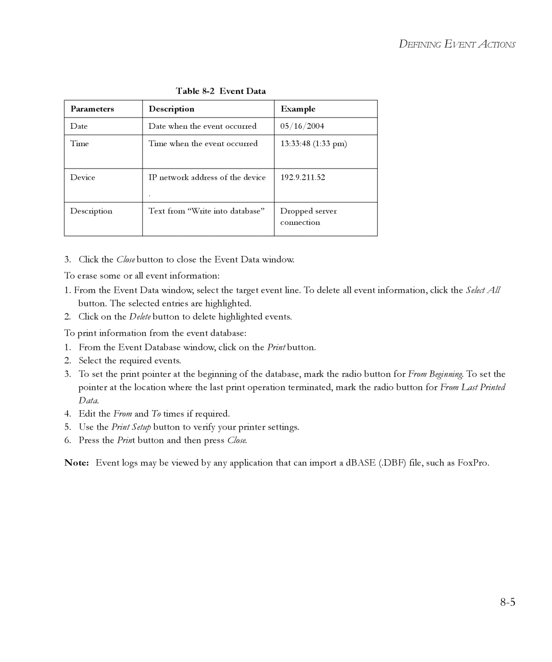 SMC Networks 6.20 manual Event Data, Parameters Description Example 