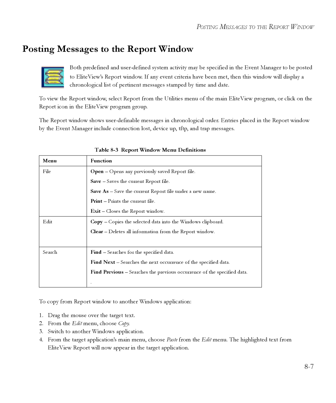 SMC Networks 6.20 manual Posting Messages to the Report Window, Report Window Menu Definitions, Menu Function 