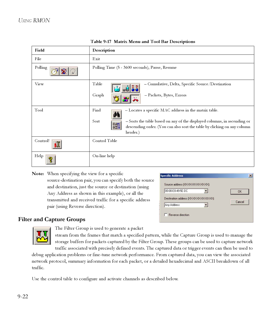 SMC Networks 6.20 manual Filter and Capture Groups, Matrix Menu and Tool Bar Descriptions 