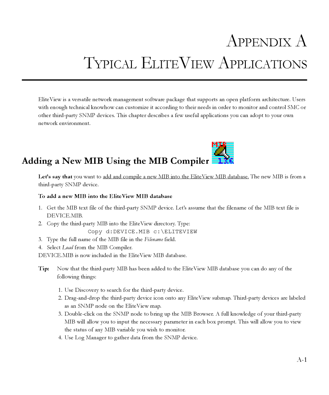 SMC Networks 6.20 manual Adding a New MIB Using the MIB Compiler, To add a new MIB into the EliteView MIB database 