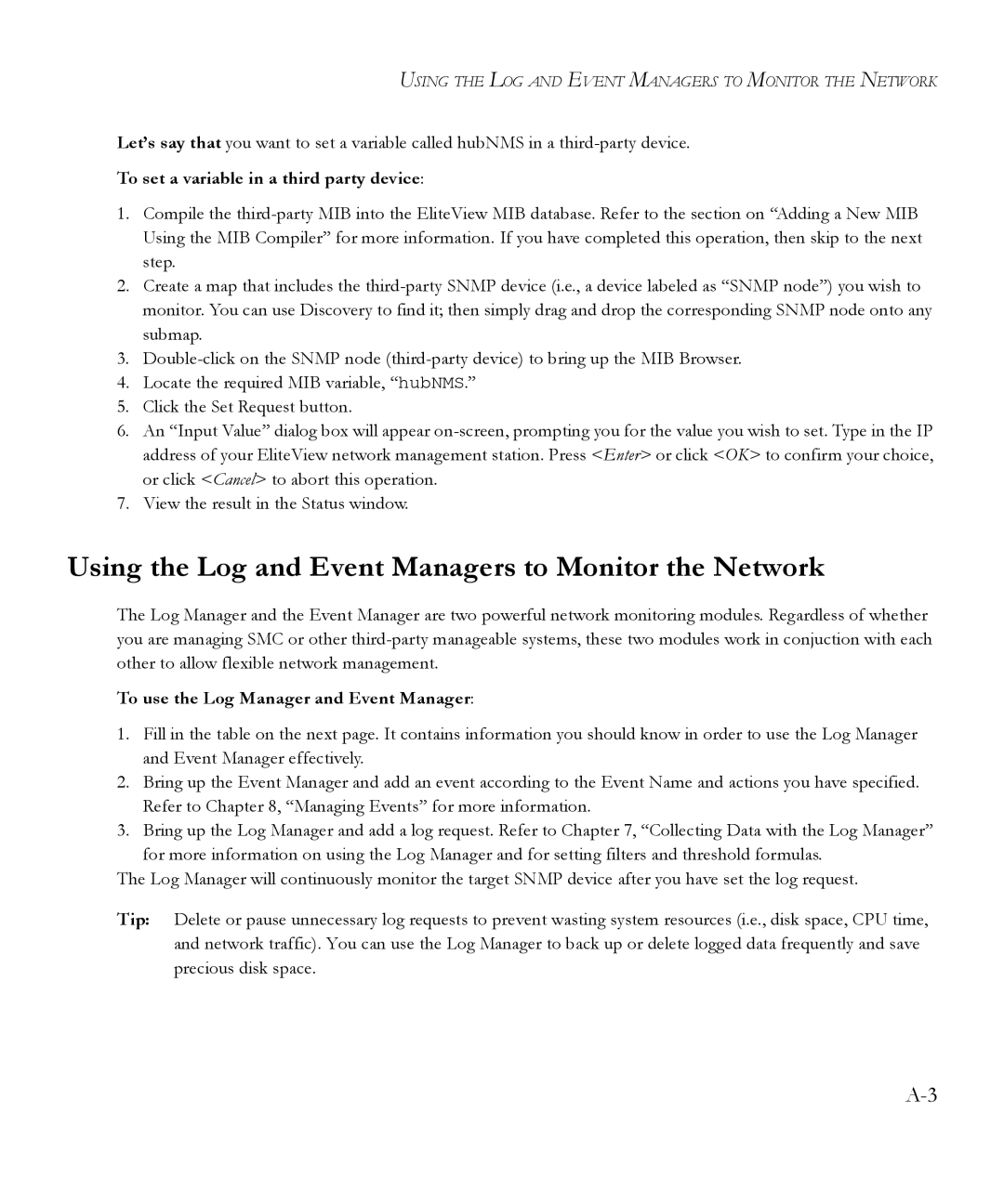 SMC Networks 6.20 manual Using the Log and Event Managers to Monitor the Network, To set a variable in a third party device 