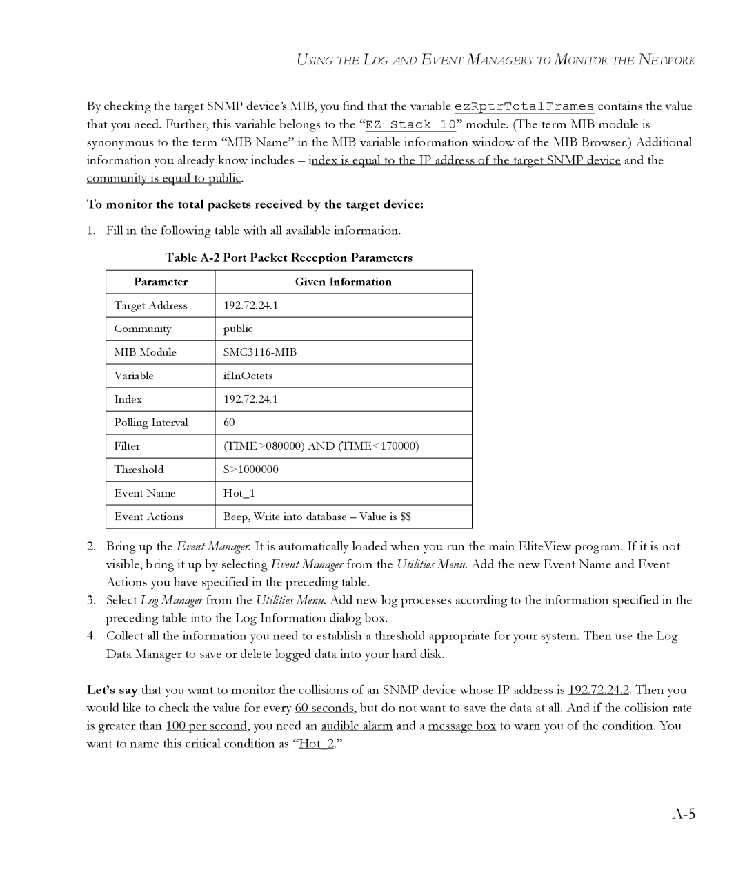 SMC Networks 6.20 To monitor the total packets received by the target device, Table A-2 Port Packet Reception Parameters 