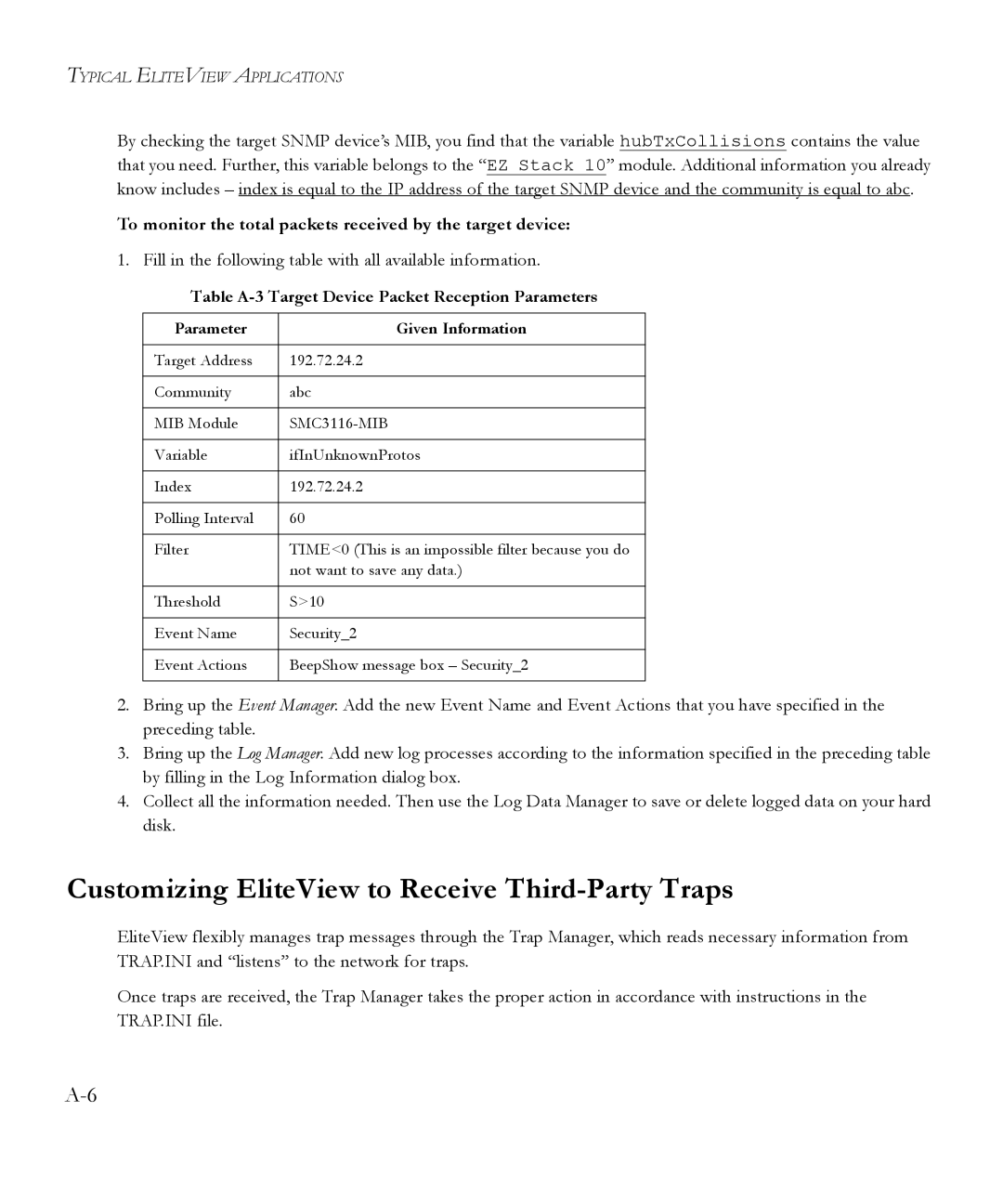 SMC Networks 6.20 Customizing EliteView to Receive Third-Party Traps, Table A-3 Target Device Packet Reception Parameters 