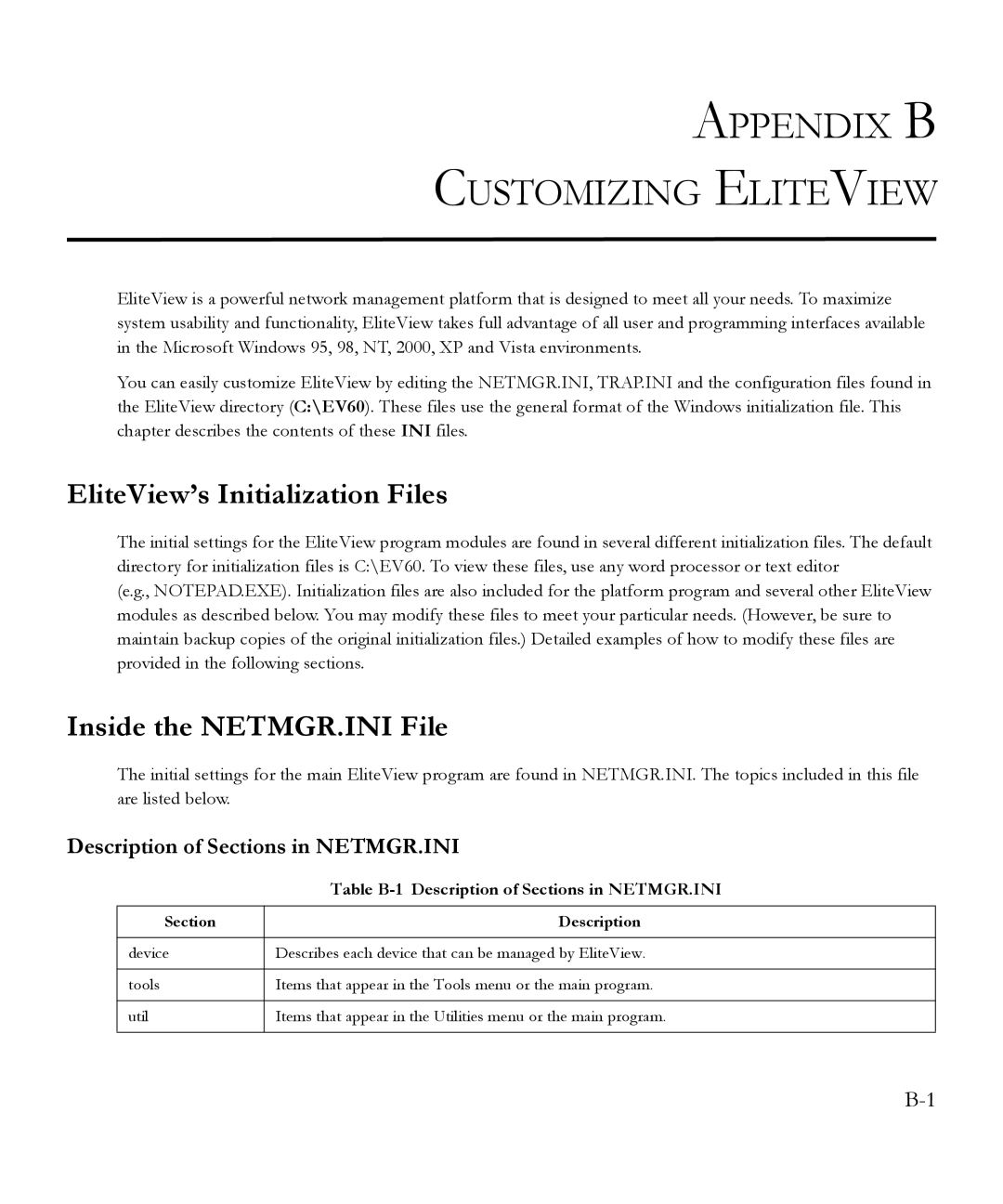 SMC Networks 6.20 manual Appendix B Customizing Eliteview, EliteView’s Initialization Files, Inside the NETMGR.INI File 