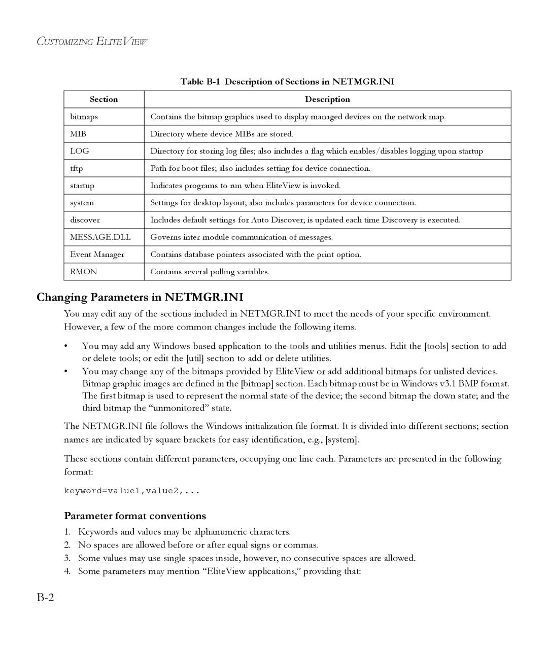 SMC Networks 6.20 manual Changing Parameters in NETMGR.INI, Parameter format conventions 