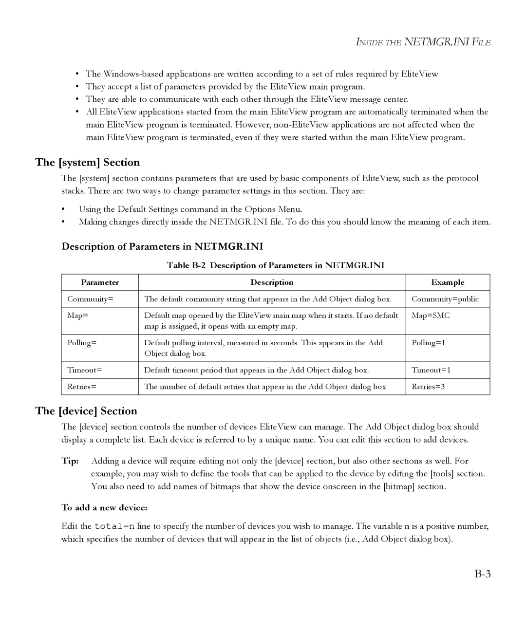 SMC Networks 6.20 manual System Section, Device Section, Description of Parameters in NETMGR.INI, To add a new device 