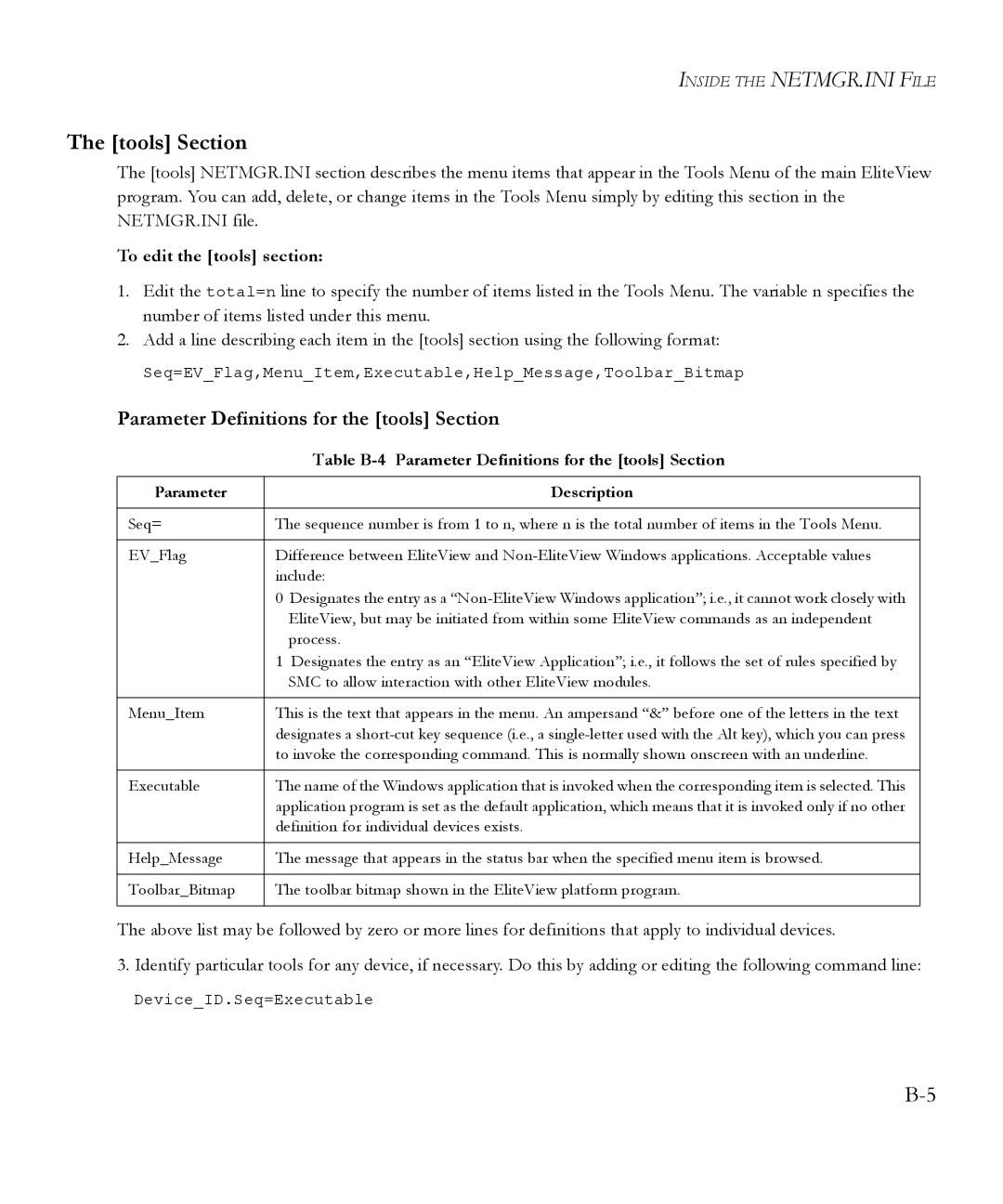 SMC Networks 6.20 manual Tools Section, Parameter Definitions for the tools Section, To edit the tools section 