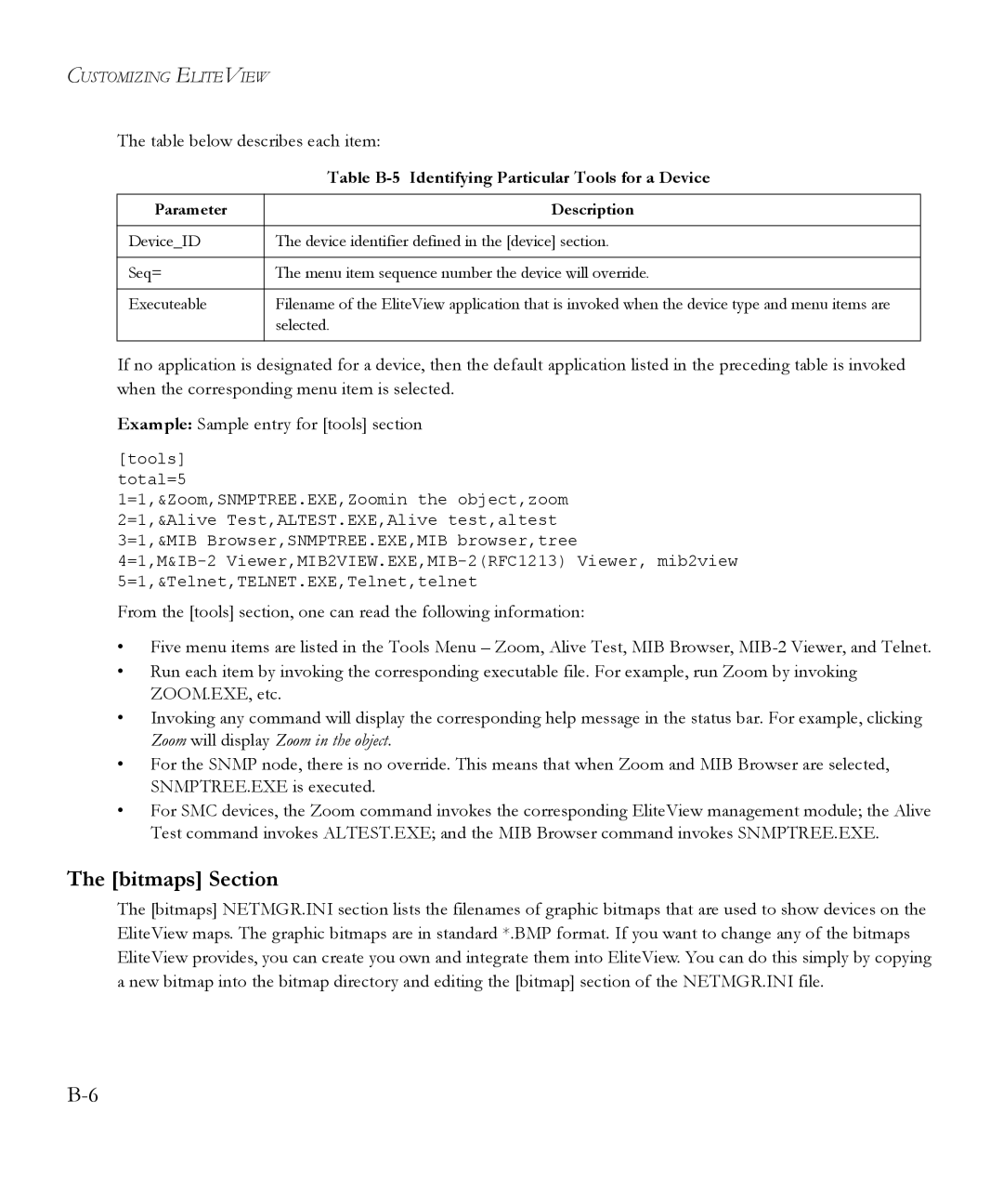 SMC Networks 6.20 manual Bitmaps Section, Table B-5 Identifying Particular Tools for a Device 