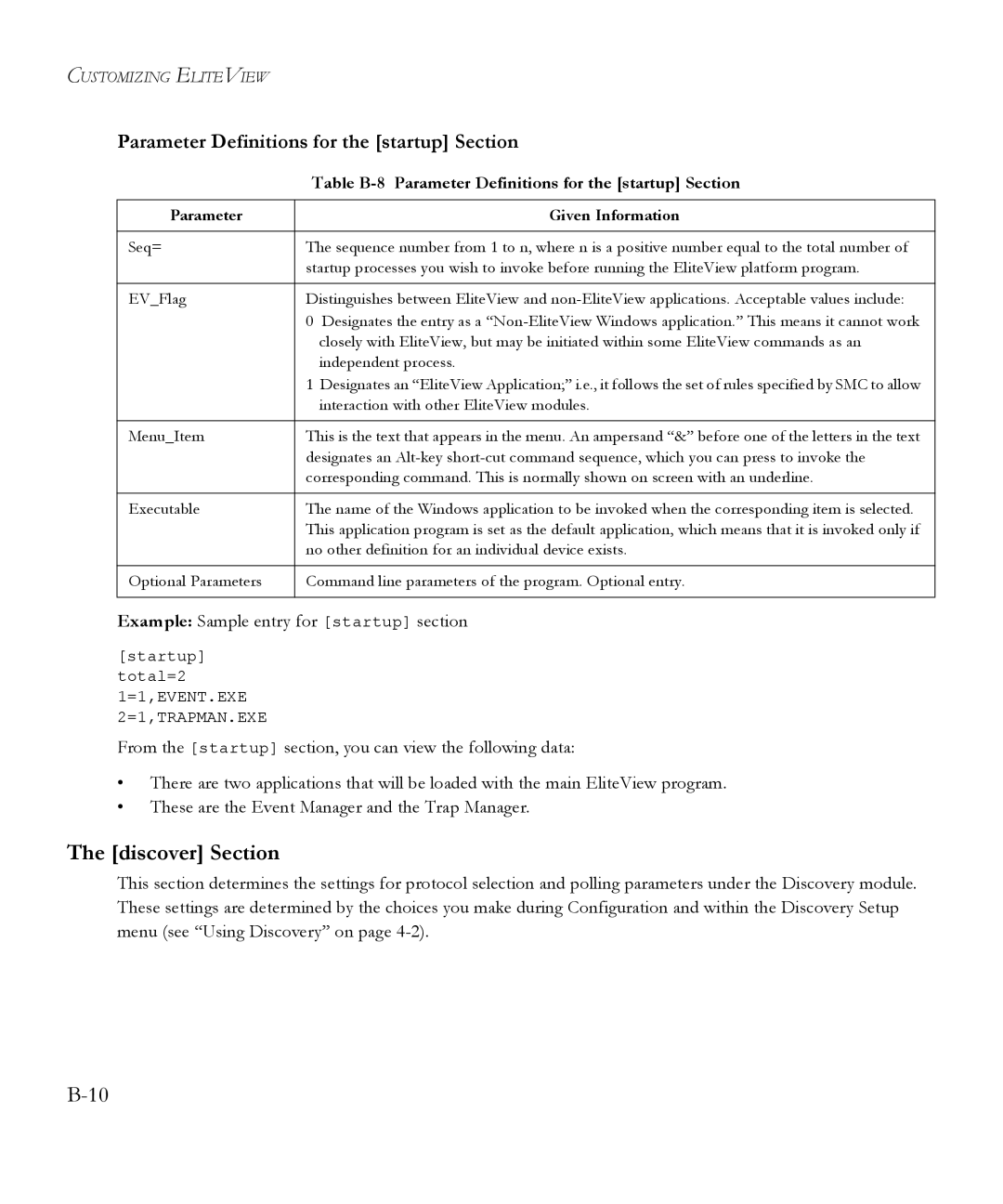 SMC Networks 6.20 manual Discover Section, Parameter Definitions for the startup Section 