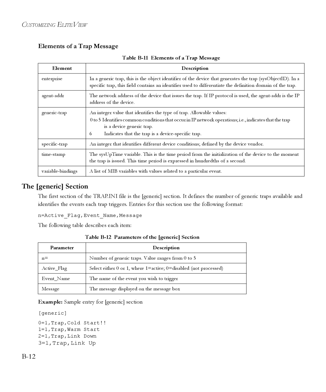 SMC Networks 6.20 Generic Section, Table B-11 Elements of a Trap Message, Table B-12 Parameters of the generic Section 