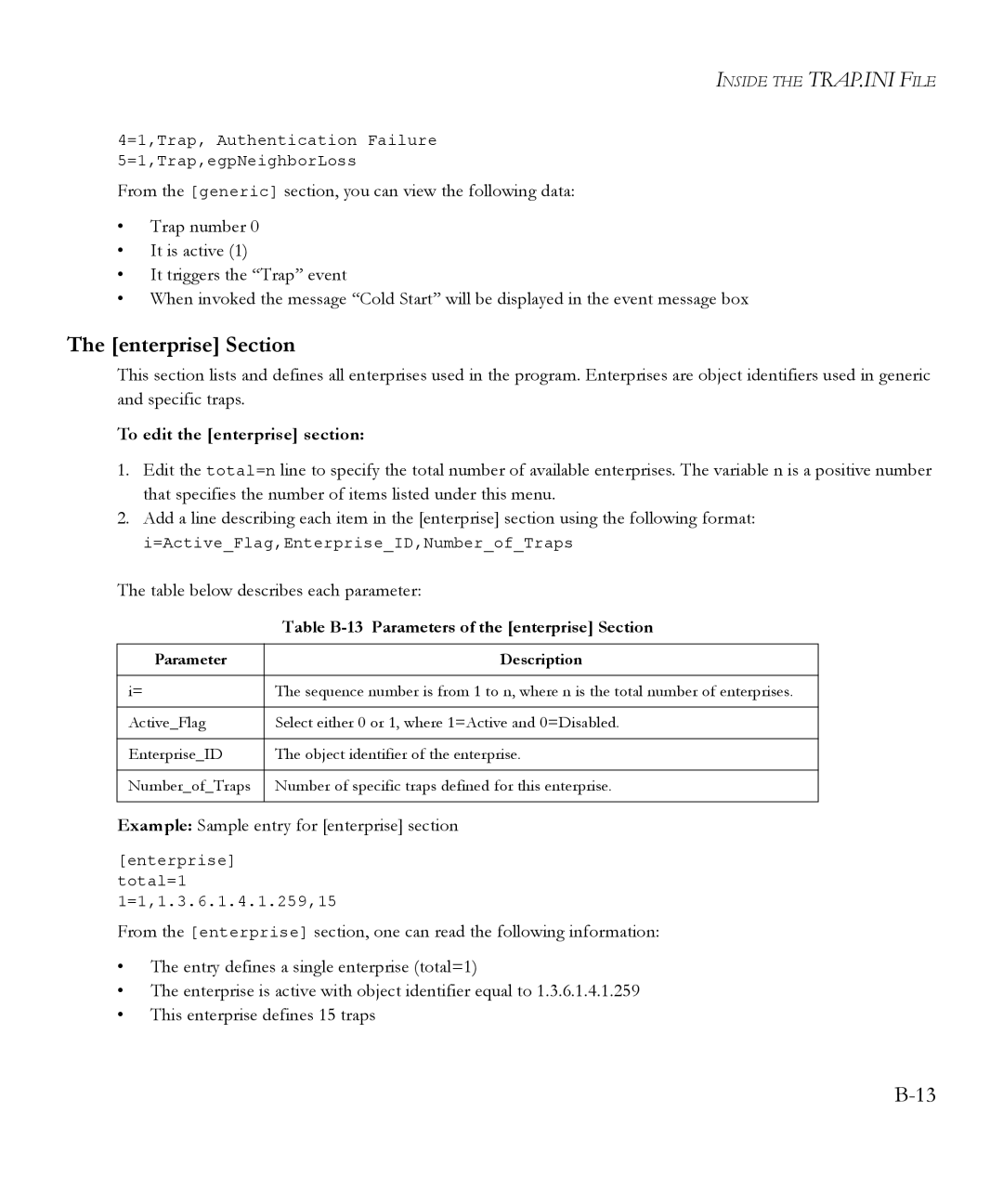 SMC Networks 6.20 Enterprise Section, To edit the enterprise section, Table B-13 Parameters of the enterprise Section 