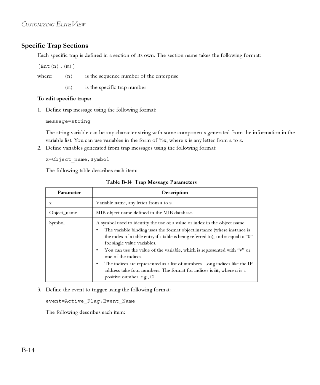 SMC Networks 6.20 manual Specific Trap Sections, To edit specific traps, Table B-14 Trap Message Parameters 