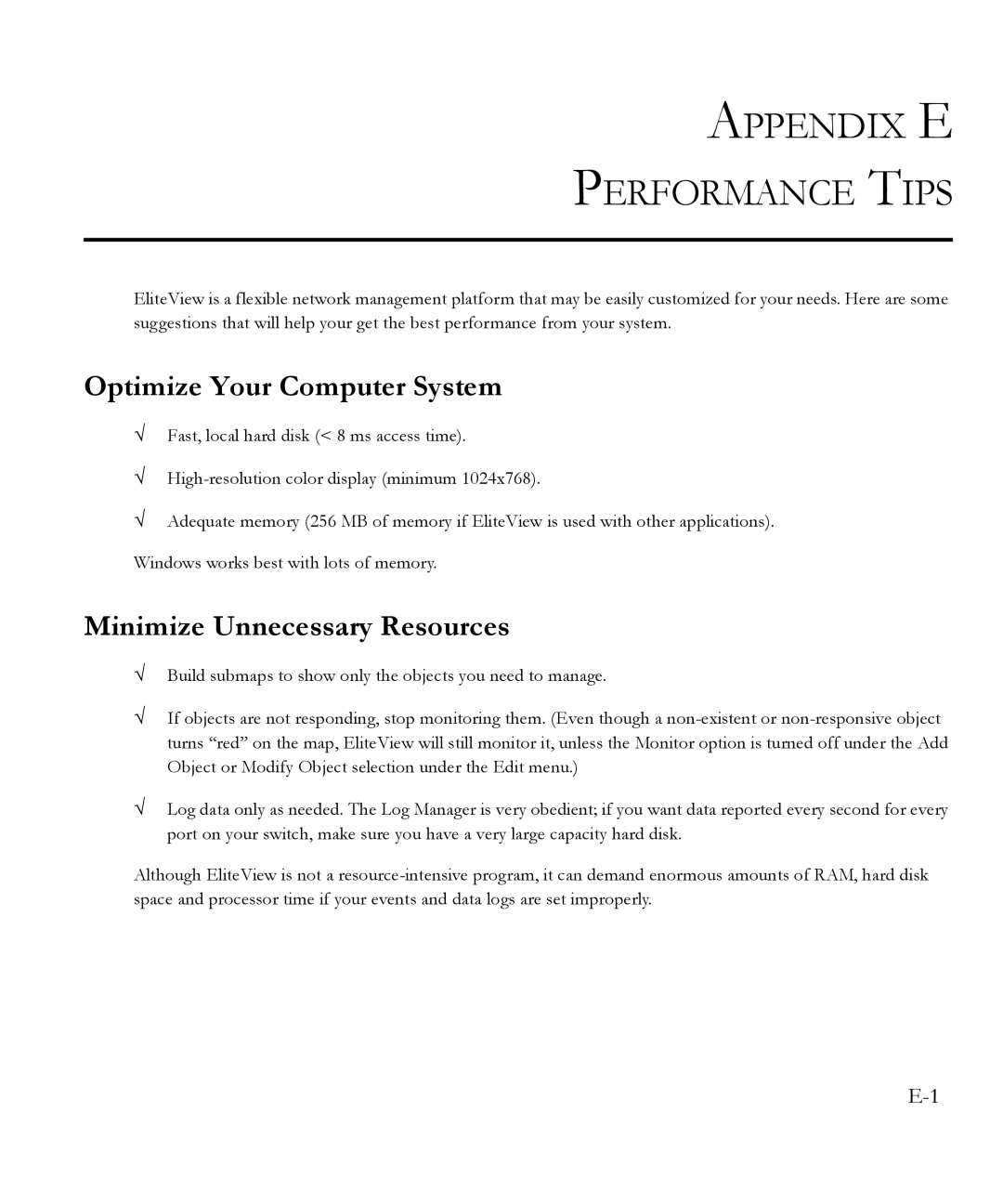 SMC Networks 6.20 manual Appendix E Performance Tips, Optimize Your Computer System, Minimize Unnecessary Resources 