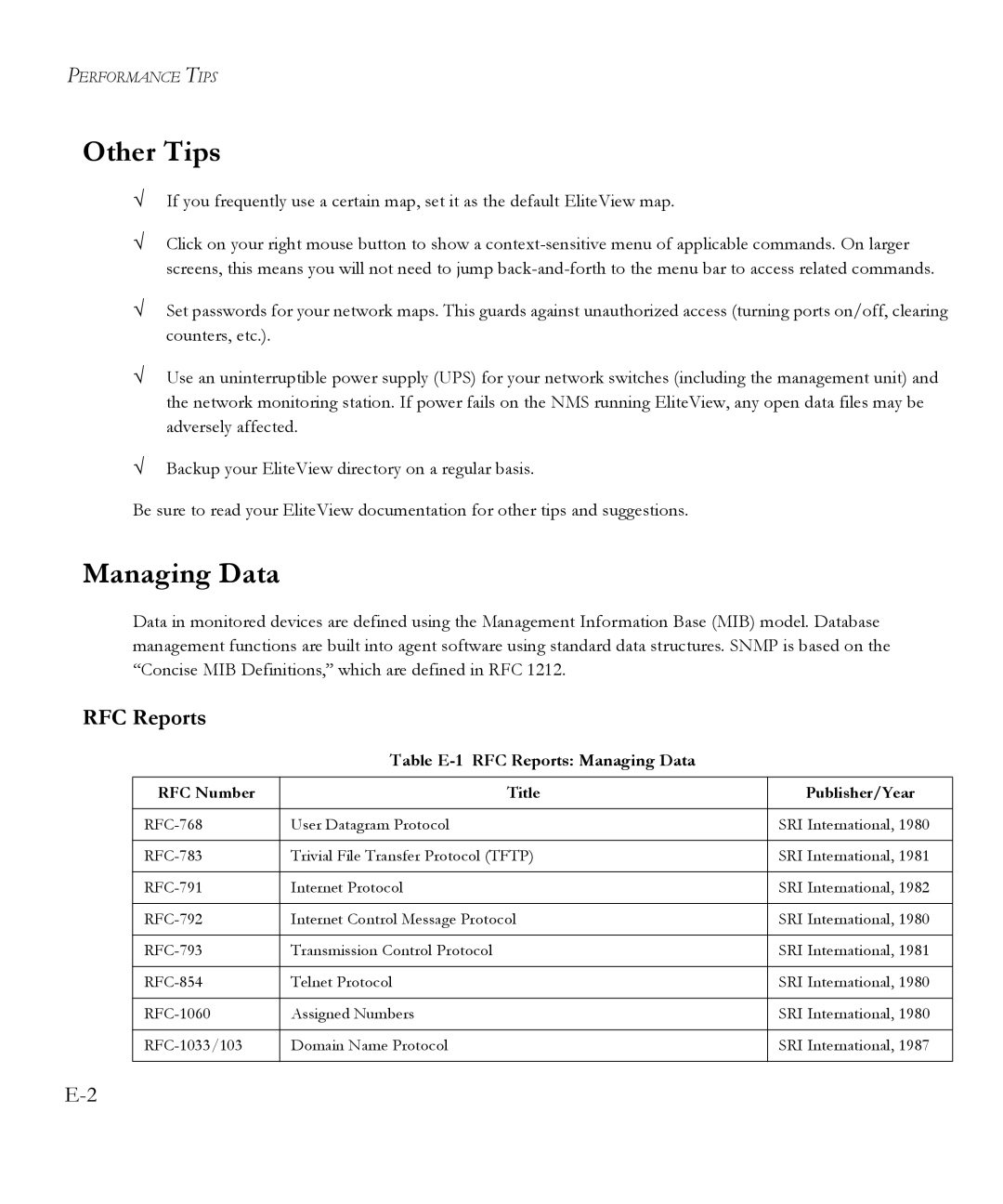 SMC Networks 6.20 manual Other Tips, Table E-1 RFC Reports Managing Data 