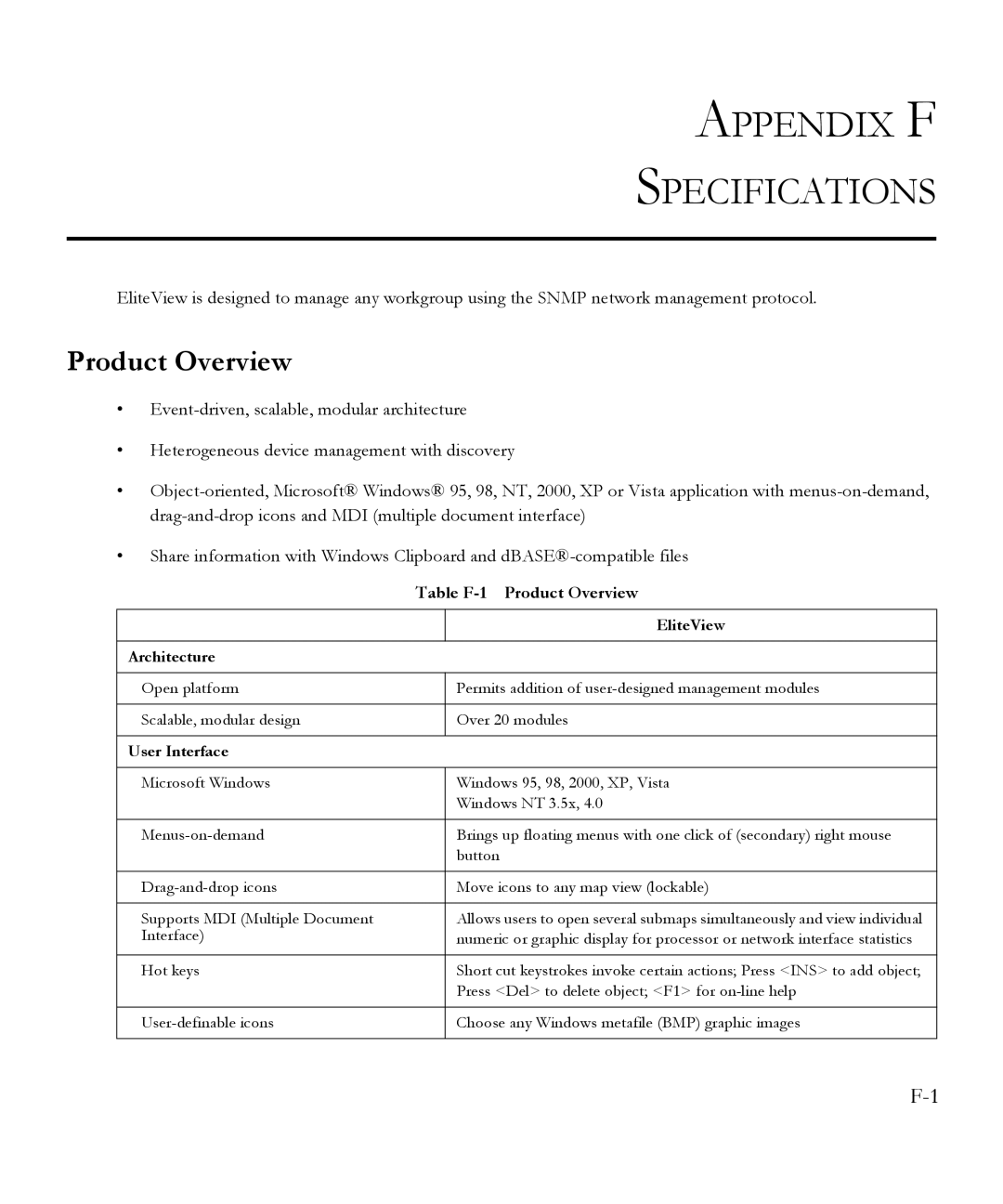 SMC Networks 6.20 manual Appendix F Specifications, Table F-1 Product Overview 