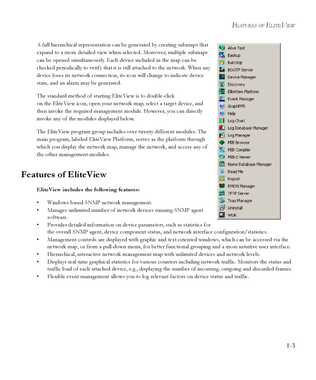 SMC Networks 6.20 manual Features of EliteView, EliteView includes the following features 