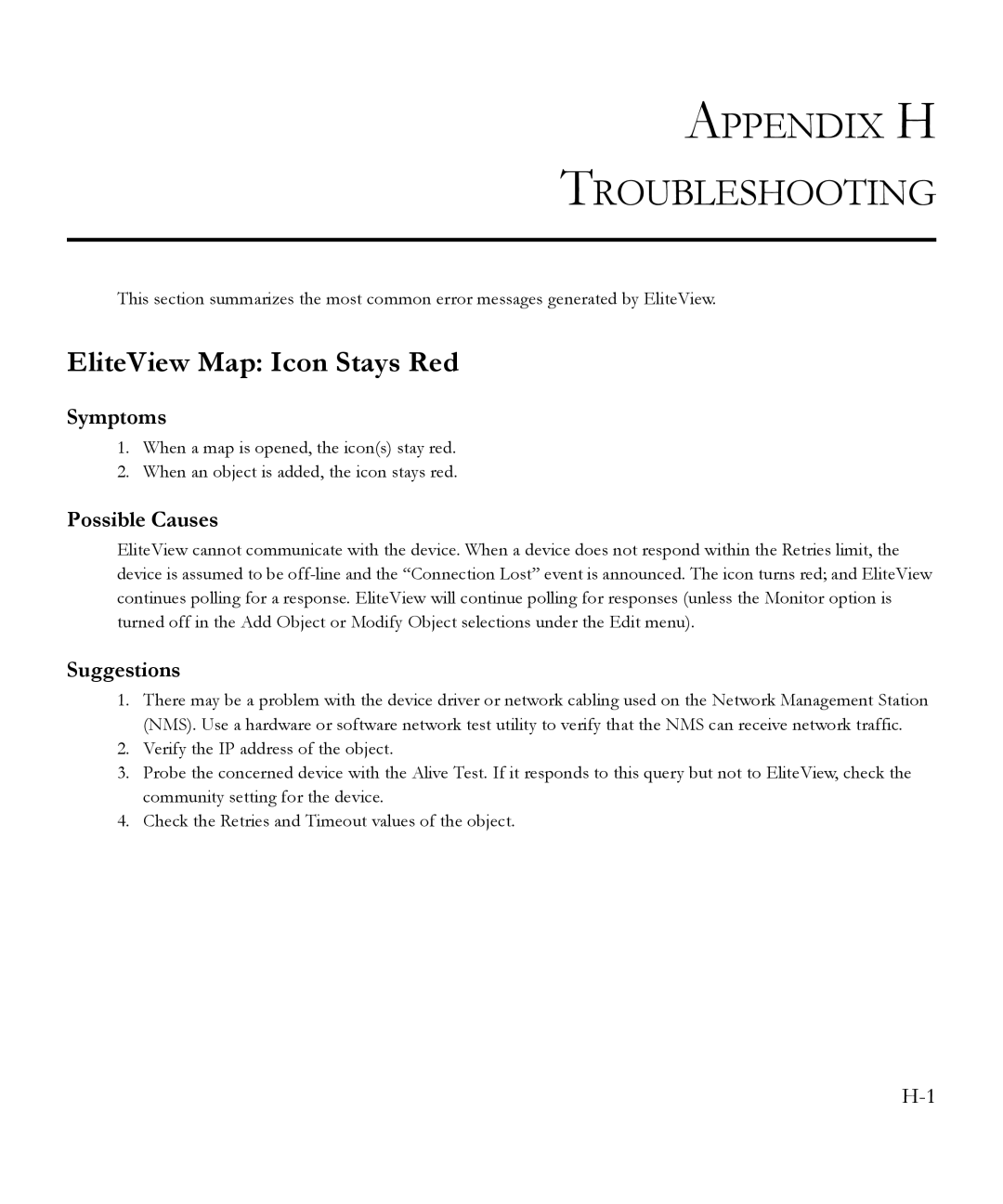 SMC Networks 6.20 manual Appendix H Troubleshooting, EliteView Map Icon Stays Red, Symptoms, Possible Causes, Suggestions 