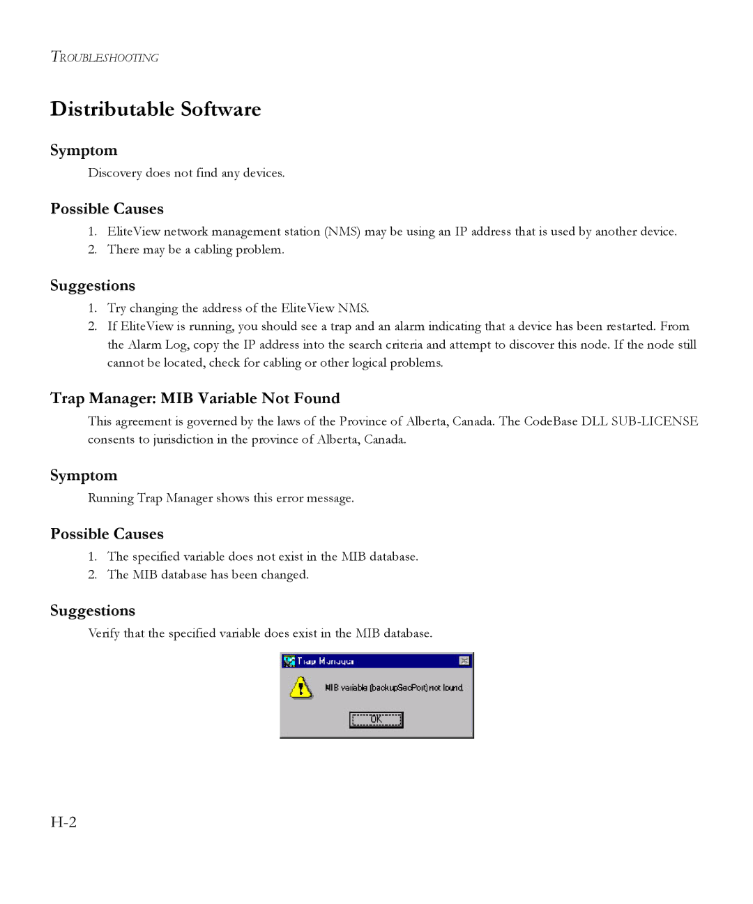 SMC Networks 6.20 manual Distributable Software, Symptom, Trap Manager MIB Variable Not Found 