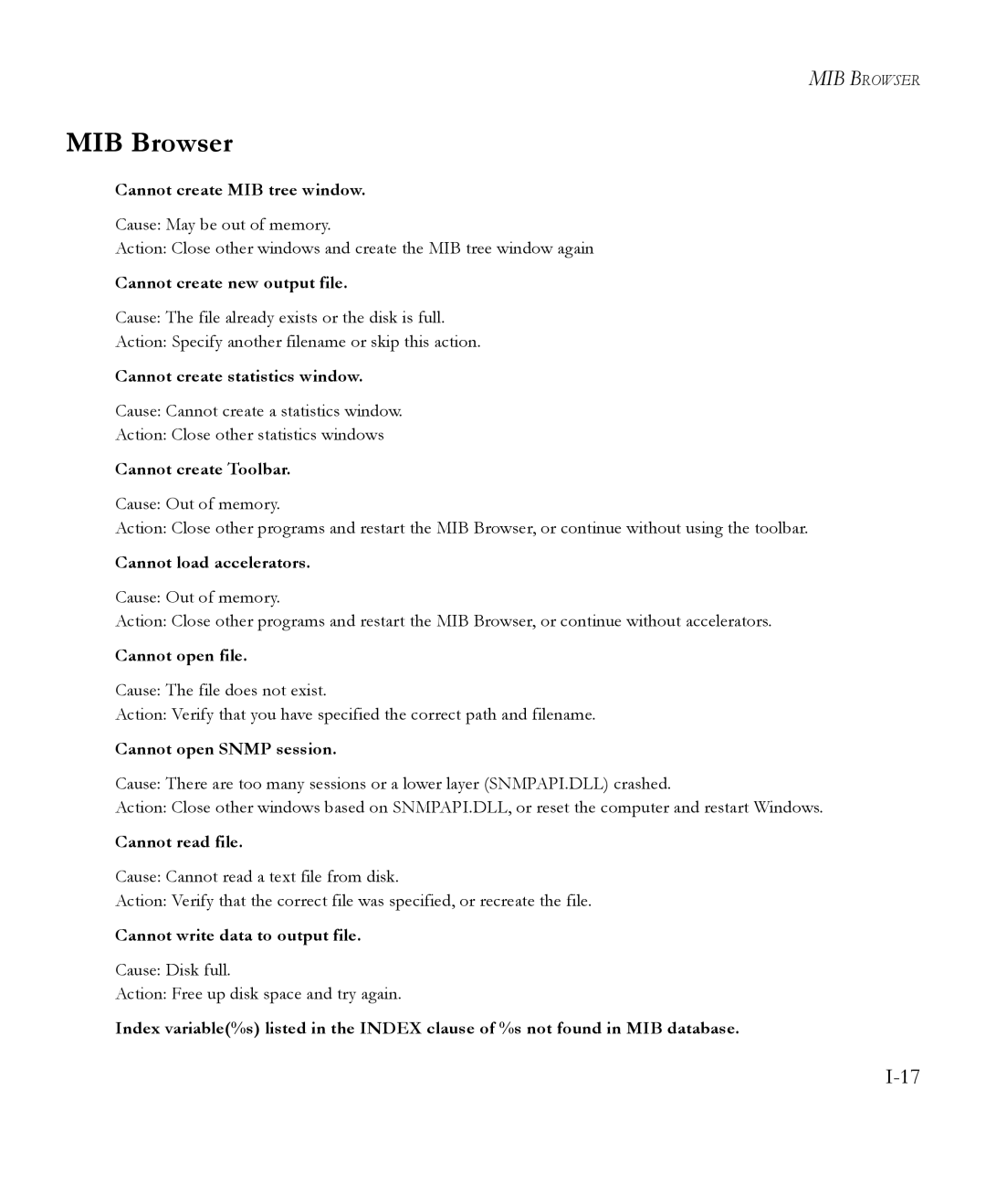 SMC Networks 6.20 manual Cannot create MIB tree window, Cannot create new output file, Cannot create statistics window 