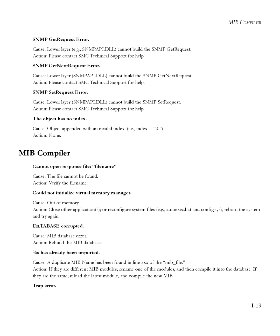 SMC Networks 6.20 Snmp GetRequest Error, Snmp GetNextRequest Error, Snmp SetRequest Error, Object has no index, Trap error 