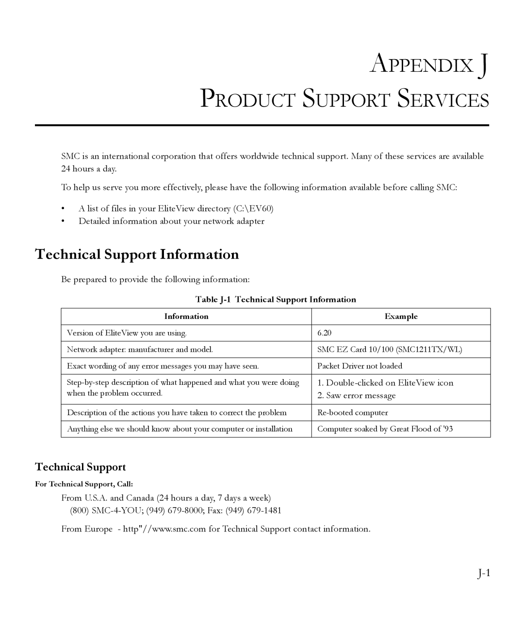 SMC Networks 6.20 manual Appendix J Product Support Services, Technical Support Information, Information Example 