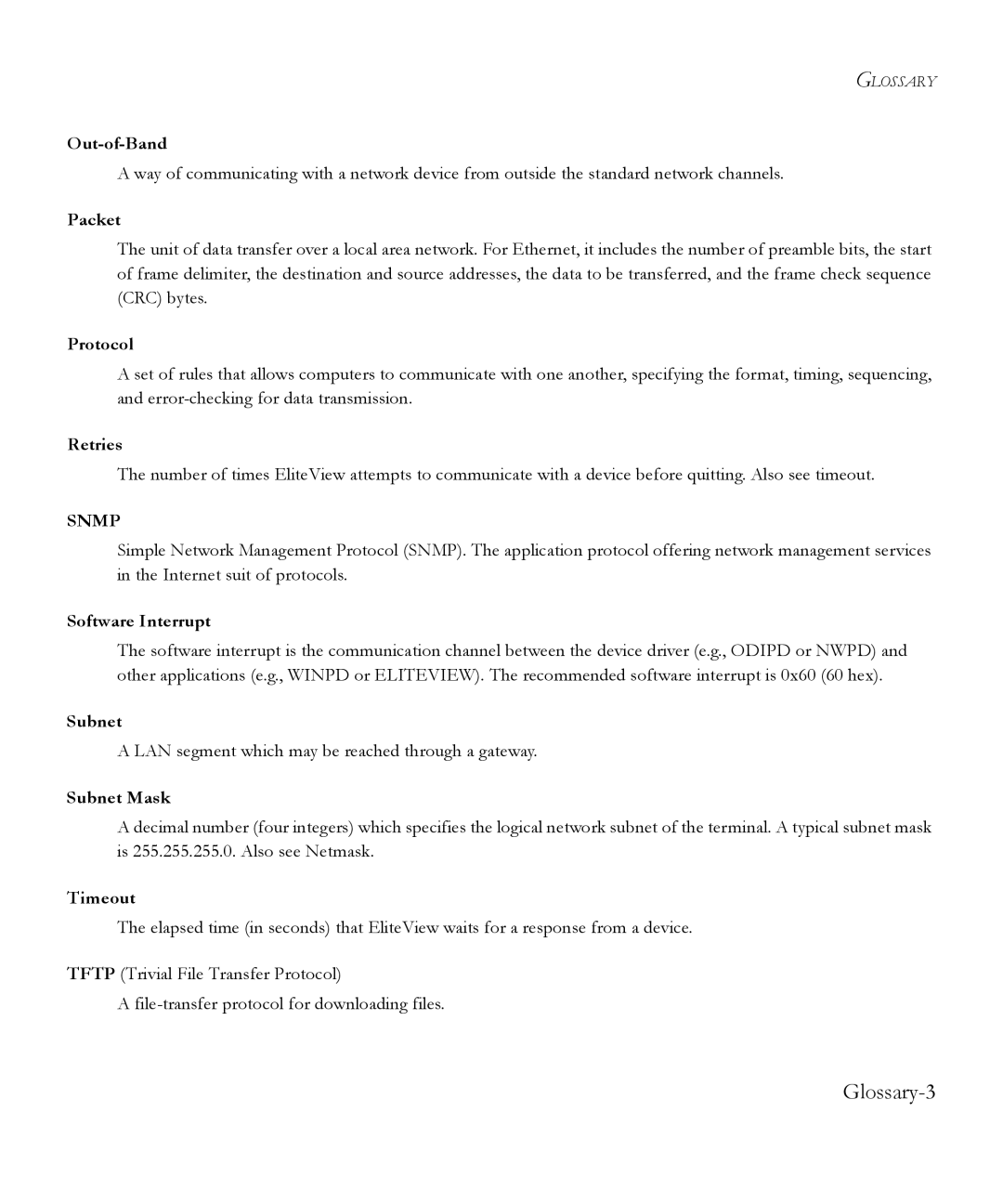 SMC Networks 6.20 manual Out-of-Band, Packet, Protocol, Retries, Software Interrupt, Subnet Mask, Timeout 