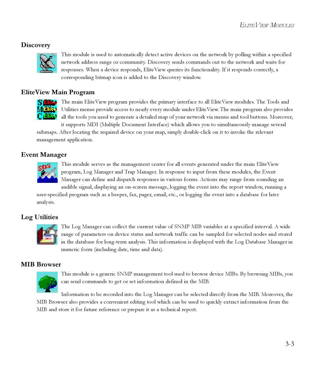 SMC Networks 6.20 manual Discovery, EliteView Main Program, Event Manager, Log Utilities, MIB Browser 
