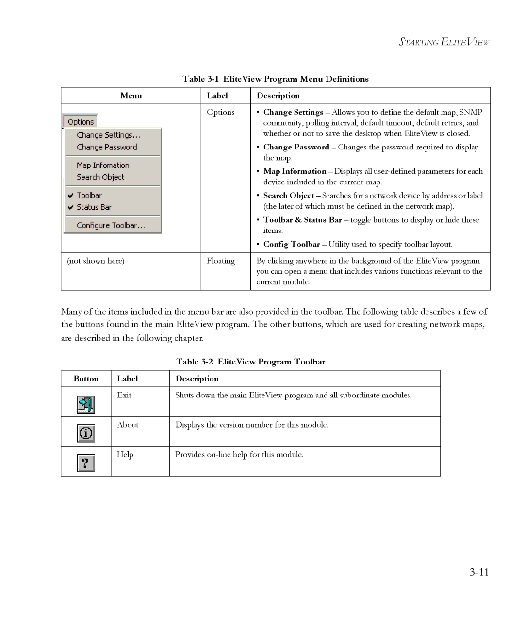 SMC Networks 6.20 manual EliteView Program Toolbar, Button Label Description 