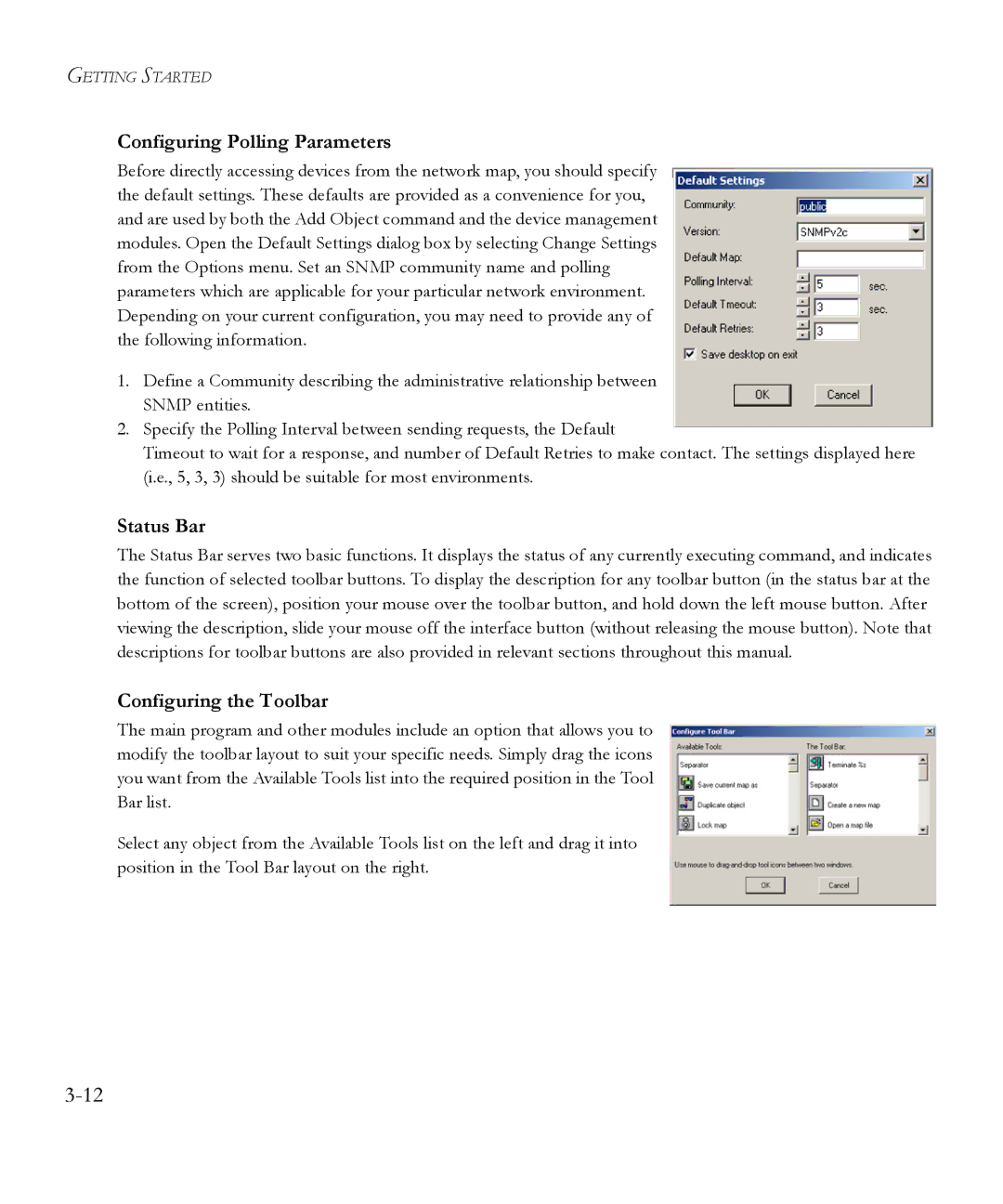 SMC Networks 6.20 manual Configuring Polling Parameters, Status Bar, Configuring the Toolbar 