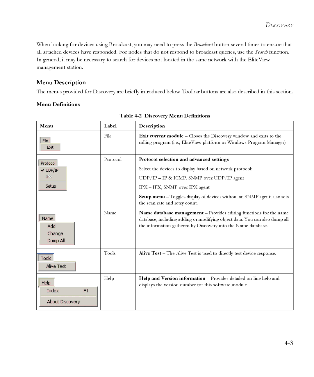 SMC Networks 6.20 Menu Description, Menu Definitions Discovery Menu Definitions, Protocol selection and advanced settings 